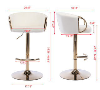 Set of 2 luxurious Ivory Velvet Bar Stools with Gold Legs, Chrome Footrest, Swivel & Adjustable Height