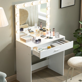 Vanity Desk with Mirror and Lights, Dressing Table with Large Drawer, 1 Level Storage Dresser & 3 Lighting Modes Adjustable Brightness, Suitable for Bedroom(White)