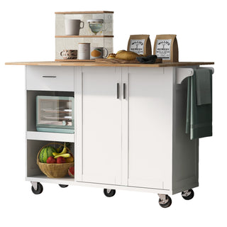 K&K Kitchen Island with Foldable Countertop, Rolling Storage Cart with Slide-Out Shelf, Towel Rack, Drawer, and Wheels, for Kitchen, Dining Room, Living Room, White