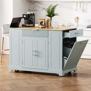 : K&K Fluted Kitchen Island with Trash Can Storage Cabinet, Power Outlet, Internal Storage Rack, Rolling on 5 Wheels, 3 Drawers, 3 Open Side Racks for 10 Gallon Garbage Bin, Grey Blue