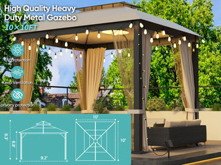 10x10FT Softtop Metal Gazebo with Mosquito Net & Sunshade Curtains, Heavy Duty Double Roof Canopy, Galvanized Steel Outdoor Tent for Garden, Patio, Backyard