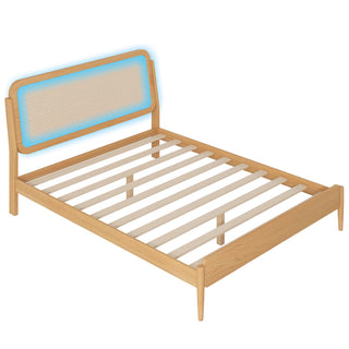 Queen Size Wood Storage Platform Bed with LED Light, Rattan Headboard, Nature