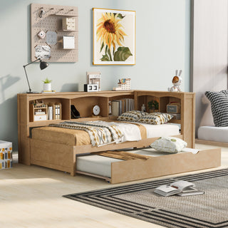 Twin Size Daybed with Trundle, Storage Cabinets and USB Ports, Wood Color