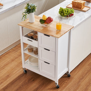 Rolling Small Kitchen Island Cart with Solid Wood Top, Mobile Utility Cart on Wheels with 3 Drawers and Storage Shelves, White Dining Room Serving Cabinet