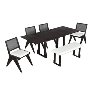 TOPMAX Modern 6-Piece 82.7-Inch Extendable Dining Table Set – Includes 4 Wicker Back Upholstered Dining Chairs, Long Bench, Two 11.8-Inch Removable Leaves, Espresso Finish