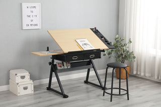 Adjustable drafting table with 2 drawers and stool (wood) for home office and school