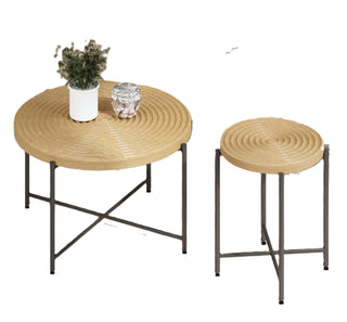 2-Piece Coffee and End Table Set – Waterproof MDF with PVC Cover, Distressed Cylindrical Design, Black Metal Legs – Classic Rustic Charm, Technical Wood