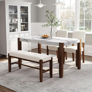 4-Piece Modern Dining Furniture Set, Space-Saving 4-Person Dinette for Kitchen, 46" Faux Marble Style Table with 2 Upholstered Chairs and Bench with Wood Legs
