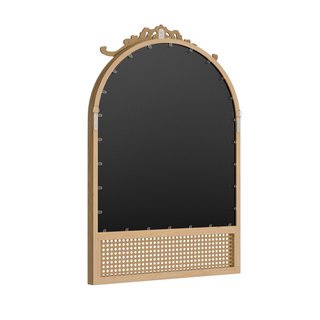 36"*24"Solid wood carved rattan right-angled arched brown wall mirror Decorative Bathroom Mirror with Elegant Scalloped Design