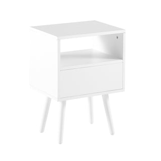 15.75" Rattan End table with  drawer and solid wood legs, Modern nightstand, side table for living room, bedroom, white