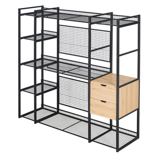 Open-Style Wardrobe with Hanging Rails, Shelves and Drawers, Black