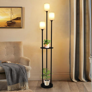 Floor Lamp with Shelves, Modern Floor Lamps for Living Room, 3-Lights Standing Lamp with Linen Shade and Foot Switch, Industrial Standing Lamps for Bedroom, Black Tall Table Lamp for Office