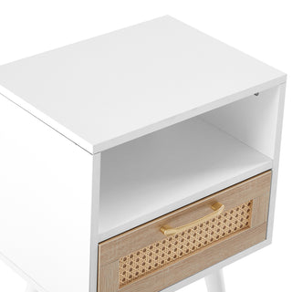 15.75" Rattan End table with  drawer and solid wood legs, Modern nightstand, side table for living room, bedroom, white