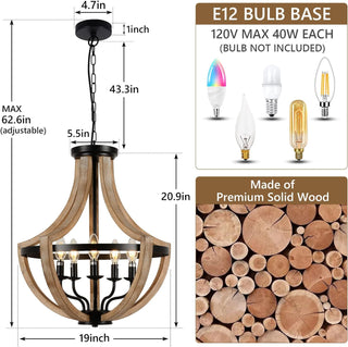 19" Farmhouse Chandelier Light Fixture, 5-Light Dining Room Ceiling Light, Solid Wood Modern Pendant for Kitchen Island, Living Room, Bedroom, Foyer, Adjustable Height, Brown