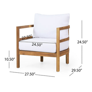 Outdoor Acacia Wood Patio Club Chair - Waterproof Thick Cushion Deep Seating, 400lbs Weight Capacity, for Porch, Garden, Backyard, Balcony (Light Teak Finish, White)