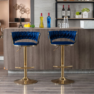 Set of 2  Bar Stools,with Chrome Footrest and Base Swivel Height Adjustable Mechanical Lifting Velvet + Golden Leg Simple Bar Stool-BLUE