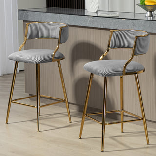 SET OF 2,26'' Counter height bar stools Corduroy kitchen island counter bar stool with back,golden chromed base and footrest (GREY)