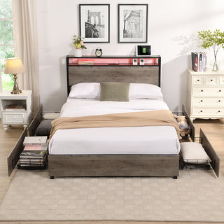 Queen Bed Frame, Storage Headboard with Charging Station, Solid and Stable, Noise Free, No Box Spring Needed, Easy Assembly