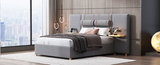 Full size upholstered platform bed with two outlets and USB charging ports on both sides, two bedside pillows, storage shelf, Velvet,Gray