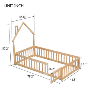 Twin House-Shaped Headboard Floor Bed with Fence – Natural Wooden Bed Frame