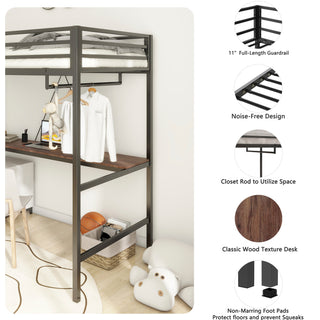 Adam Sturdy Twin Loft Bed - Black Frame with Cinnamon Wood Desk & Closet Rod, Space-Saving Loft Bed for Adults & Kids