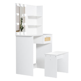 Vanity Desk Set Stool & Dressing Table with LED Lighting Mirror Drawer and Compartments Modern Wood Cosmetic Table Chest of Drawers White Color