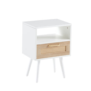 15.75" Rattan End table with  drawer and solid wood legs, Modern nightstand, side table for living room, bedroom, white