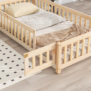 Twin House-Shaped Headboard Floor Bed with Fence – Natural Wooden Bed Frame