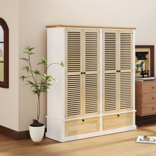 4 Shutter Door Wardrobe Armoire Closet with 2 Drawers, Natural and White