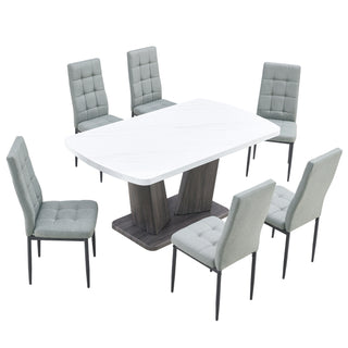 Modern Dining Table Set for 6, 7 Piece Dining Set, 63" Rectangle Kitchen Table with 6 Upholstered Chairs, 1.8" Thickness Tabletop and V-shaped Table Legs, White Faux Marble Dining Set for Kitchen Room