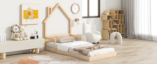 Twin House-Shaped Headboard Floor Bed with Handrails ,slats ,Natural