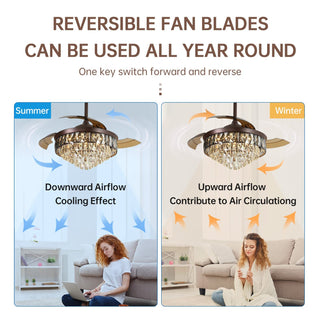 42 Inch Retractable Ceiling Fan Chandelier with Lights and Remote Control, 6 Speed, 3 Changeable LED Lights, Crystal Modern Ceiling Fan for Bedroom, Living Room, Indoor Use