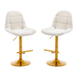 Velvet Swive Bar Stools Set of 2 Adjustable Counter Height Bar Chairs with Back Gold Base Modern Stool Chair for Kitchen Island Dining Room, White