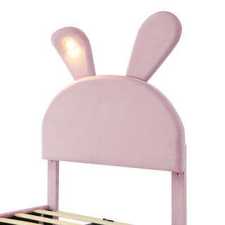 Twin Size Upholstered Platform Bed with Cartoon Ears Shaped Headboard and Light, Pink