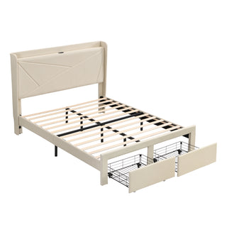 Full Size Bed Frame with 2 Storage Drawers, Upholstered Bed Frame with Wingback Headboard Storage Shelf Built-in USB Charging Stations and Strong Wood Slats Support, No Box Spring Needed, Beige