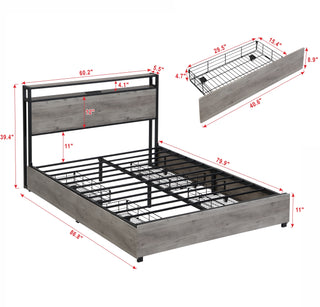 Queen Bed Frame, Storage Headboard with Charging Station, Solid and Stable, Noise Free, No Box Spring Needed, Easy Assembly