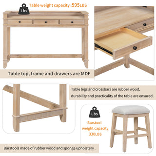 TREXM 4-piece Dining Bar Table Set with 3 Upholstered Stools, Multifunctional Dining Table with 3 Drawers (Natural Wood Wash)