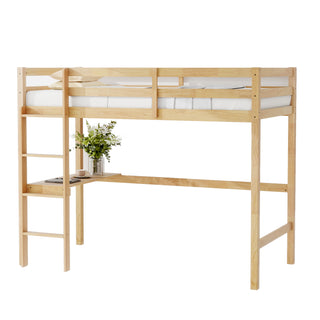 Twin High Loft Bed, Rubber Wood  Loft Bed with Safety Guardrail, built-in desk, ladder,White Oak