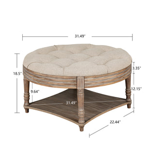 Large Round Waterproof Ottoman Coffee Table 2 Tier Oversized Button Tufted Ottoman with Wooden Shelf Storage Farmhouse Upholstered Coffee Table Living Room Footstool Ottoman Linen