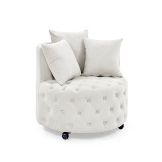 Velvet Upholstered Swivel Chair for Living Room, with Button Tufted Design and Movable Wheels, Including 3 Pillows, Beige