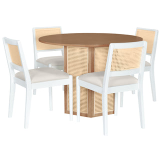 TOPMAX 5-Piece Rattan Round Dining Table Set, Wood Table with Hexagonal Base and Upholstered Chairs for Dining Room, Kitchen,Indoor Use, White+Beige
