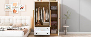 
3-Doors Wooden Rattan Wardrobe Storage for Bedroom,with 2 Drawers,White+Nature
