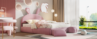 Full Size Upholstered Platform Bed with Cartoon Ears Shaped Headboard and Light, Pink