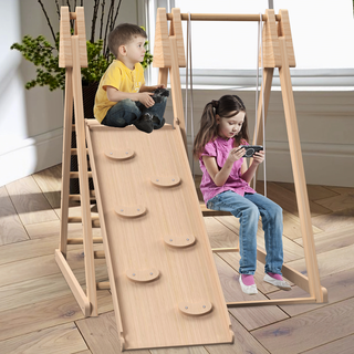 4-in-1 Juniper Indoor Play Gym - Jungle Gym Playset with Baby Swing, Slide, Ladder, & Climbing Wall - Foldable Wooden Playset for Kids