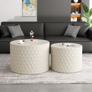 Stylish and Minimalist Nesting Coffee Table Set with Honeycomb Design, Modern Round Drum Circle Coffee Table for Living Room, Bedroom, Beige (Set of 2 Pieces)