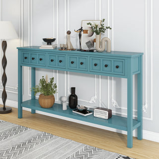 TREXM Rustic Entryway Console Table, 60" Long Sofa Table with two Different Size Drawers and Bottom Shelf for Storage (Turquoise Green)