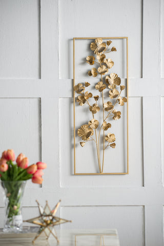 30" x 12" Metal Tree Wall Decor, Vertical Rectangular Flower Wall Accent, Gold