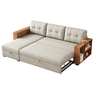 Upholstered Pull Out Sectional Sofa with Storage Chaise, Convertible Corner Couch, Beige-Wooden handrail