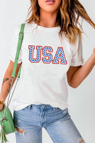 U.S.A Graphic Embroidered Round Neck T-Shirt for Women