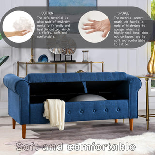 62" Bedroom Tufted Button Storage Bench, Modern Fabric Upholstered Ottoman, Window Bench, Rolled Arm Design for Bedroom, Living Room, Foyer (Blue)